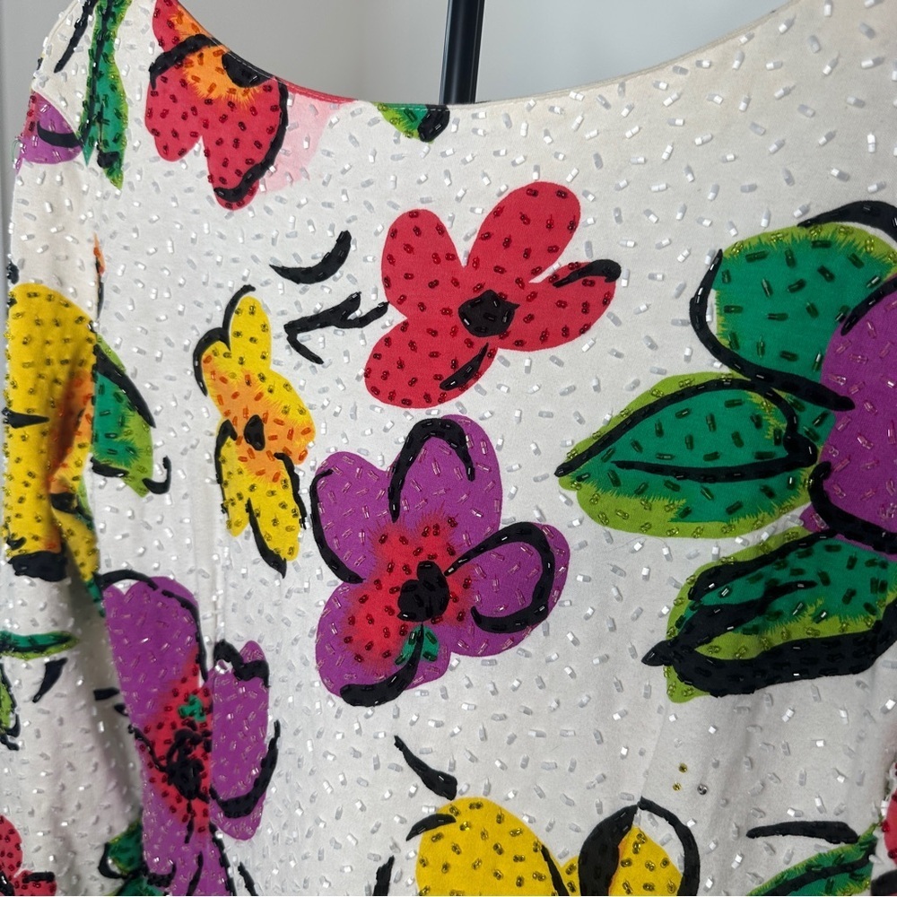 VINTAGE Adrienne Vittadini Colorful Floral Beaded Dress LARGE - Picture 2 of 8